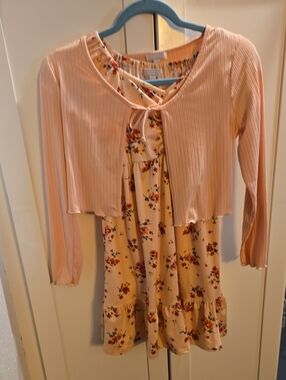 Girls' Peach Floral Dress with Matching Cropped Cardigan